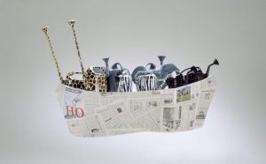 Isabella Pers | Nohas’ Ark / 2000 / Installation / Newspapers, cardboard, watering cans, paint / variable size